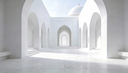 Fototapeta premium Bright minimalist white mosque courtyard corridor with repeating arches and dome soft sunlight serene empty space modern islamic architecture