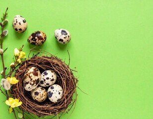 Obraz premium Top-down shot of a rustic bird's nest filled with spotted eggs, complemented by sprigs of blooming flowers