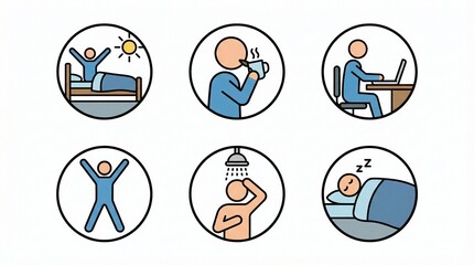 Fototapeta premium Set of daily routine and healthy lifestyle icons for schedule planning