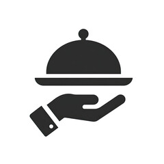 Obraz premium Gray hand holding a cloche or covered serving dish on black background