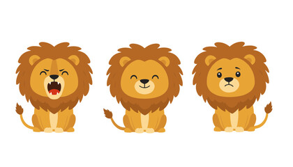 Lion character head expression set showing angry roaring happy smiling and sad crying faces flat cartoon vector illustration isolated © 张锋