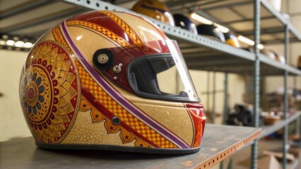 Obraz premium Close Up of Full Face Racing Helmet with Diwali Festive Graphics Displayed on Shelf