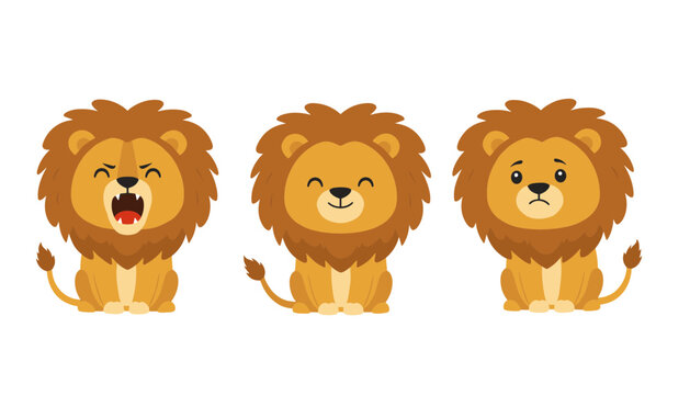 Lion character head expression set showing angry roaring happy smiling and sad crying faces flat cartoon vector illustration isolated