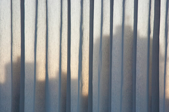A view over the buildings of downtown Vancouver, shadows seem through vertical blinds in a window.