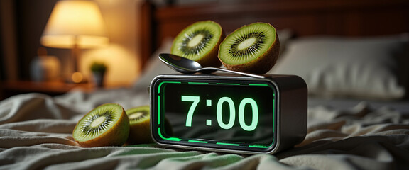 Alarm clock displaying 7:00 with kiwi slices on bed in morning  
