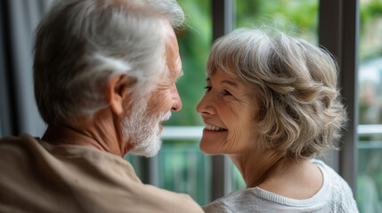 Rear perspective intimate portrait display, joyful senior couple relaxing together, elderly relationship visualization, mature love concept, romantic aging representation, with cop