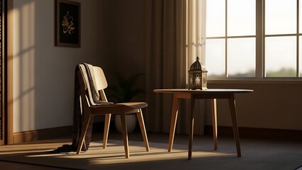 Fototapeta premium Gentle golden hour sunlight illuminates a cozy minimalist room with a wooden chair and a beautiful lantern, creating a peaceful atmosphere ideal for Ramadan