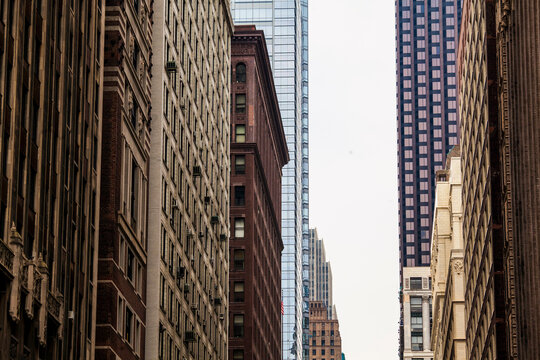 Buildings in downtown Chicago, a range of architectural styles on a street.