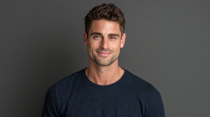 Fototapeta premium Young professional man, early 30s, natural and approachable appearance, smiling warmly, realistic photography style 
