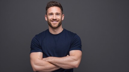 Fototapeta premium Young professional man, early 30s, natural and approachable appearance, smiling warmly, realistic photography style 
