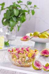 Dried Dragon Fruit and Oatmeal Breakfast Bowl with Fresh Mint