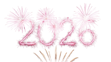 New Year 2026 graphic with pink sparkling fireworks burst for celebration design isolated PNG with Transparent Background