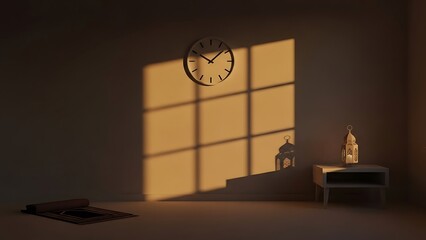 Golden light fills a tranquil room, marking the peaceful moments of Ramadan reflection with a clock on the wall and a decorative lantern on a table, creating a serene atmosphere