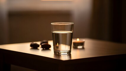 Peaceful iftar setting with a refreshing glass of water and dates by candlelight, symbolizing reflection and gratitude during Ramadan
