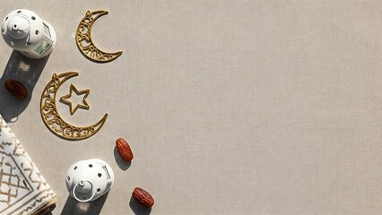 Ramadan Crescent Moon Decorations and Dates on a Neutral Background, Celebrating the Holy Month