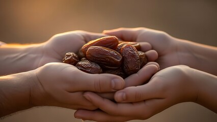 Close-up of two hands holding dried dates, symbolizing the breaking of the fast during Ramadan