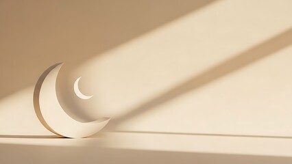 Warm beige background with minimalist crescent moons casting elegant shadows, perfect for a peaceful Ramadan celebration and spiritual reflection