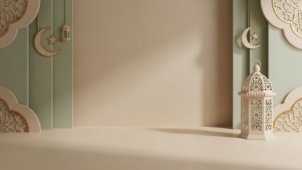 Elegant Ramadan decoration featuring traditional lanterns and crescent moons in a serene studio setting