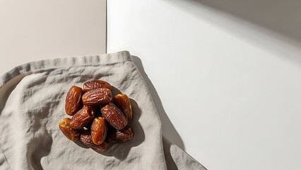 Sweet and healthy organic dried dates on a natural linen cloth, a traditional and essential snack for breaking fast during Ramadan, symbolizing health and nourishment