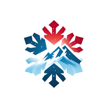 Geometric design featuring mountain landscape within a snowflake shape, in shades of red and blue