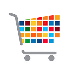 A shopping cart silhouette filled with a pixelated mosaic of various colorful squares