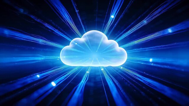 White cloud with blue rays symbolizing cloud computing network