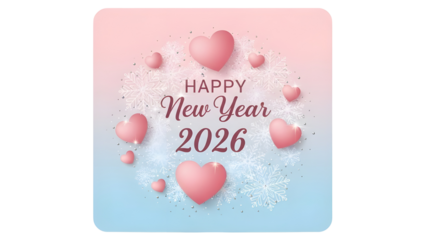 Cute Happy New Year 2026 text with romantic pink hearts and winter snowflakes isolated PNG with Transparent Background