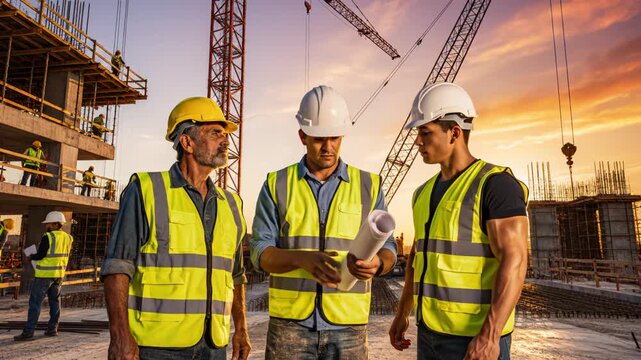 Construction workers on site at sunset