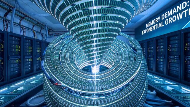 Data center server room featuring glowing vortex of computer memory modules. Digital display showing exponential growth message in high-tech facility. Wide lockdown shot.