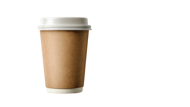 A simple, isolated paper coffee cup with a white lid, on a stark black background
