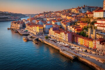 Scenic high-angle view of a colorful coastal city at sunrise with buildings and waterfront