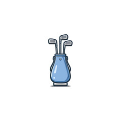 A cartoon illustration of a light blue golf bag with several silver golf clubs sticking out