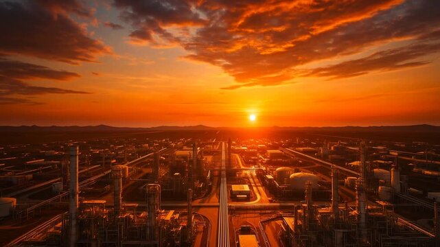 Parallel pipelines extending toward refinery complex at sunset. Industrial energy infrastructure with converging perspective and dramatic sky.