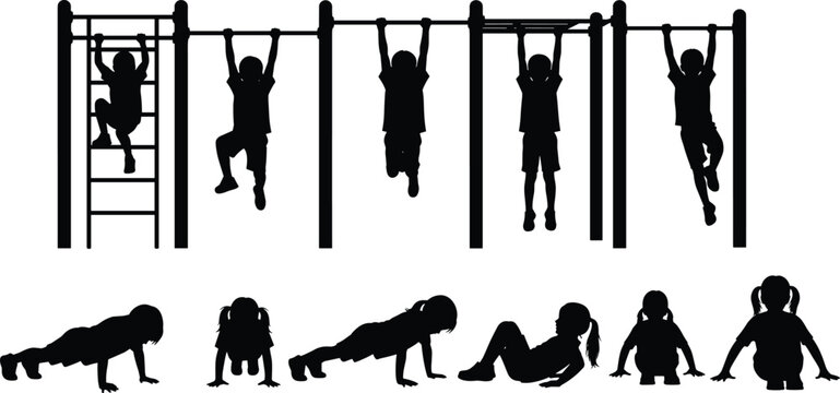 Black Silhouette Collection of Children Playing on Monkey Bars Doing Pushups and Physical Exercises for School Gym Class Outdoor Playground Fitness and Healthy Childhood Lifestyle