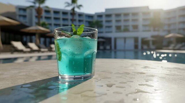 Fresh blue cocktail with lime and mint served poolside at luxury hotel resort in bright sunlight, concept of summer vacation and refreshment