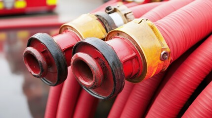 Close up of coiled undamaged red fire hoses with couplings secured ready for emergency water supply