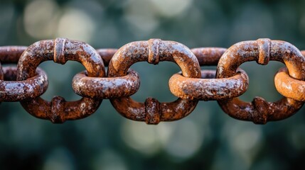 Obraz premium Close up of a rusty metal chain with oxidized links showing signs of corrosion and fracturing
