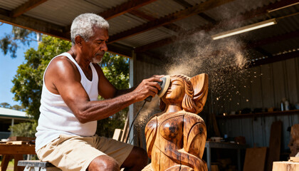Senior craftsman sanding a large wooden sculpture in his workshop. Focused artist using a power tool to create a handmade statue. Traditional woodworking and artistic creation