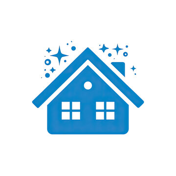 A vibrant blue illustration of a house with radiating sparkles against a stark black background