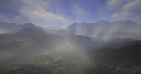 mist shrouded mountains under soft sky with layered peaks and diffuse light, panoramic view suited for expedition storytelling and conservation messaging, calm