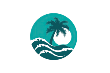 A stylized tropical scene within a circular teal frame, featuring palm, sun, & ocean waves