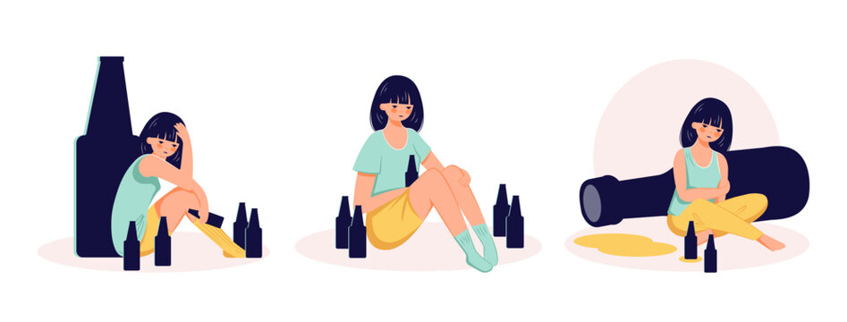 Alcohol abuse addiction concept hand drawn drunk woman illustration