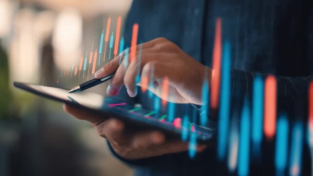 Financial advisor reviewing client portfolio with digital charts displaying securities and stock assets representing management of financial asset custody.