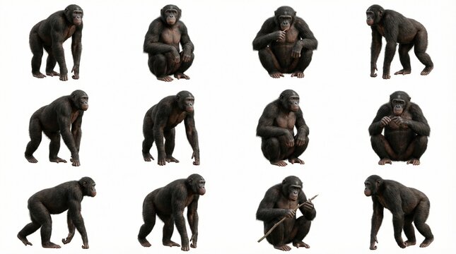 Bonobos in various poses showing movement and interaction  