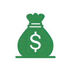 Simple green icon depicting a tied-up money bag with a prominent white dollar sign