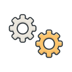 A stylized illustration featuring two interlocking gear icons, rendered with filled colors