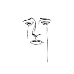 A minimalistic line drawing of a face weeping, with colorful outlines against a deep black background