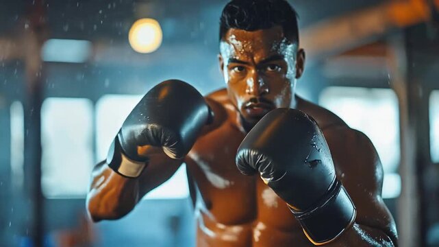 汗をまとい真剣な表情で構える男性ボクサーが闘志を示すポートレート