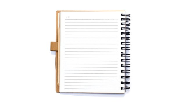 Top-down view of a partially open, spiral-bound notepad with lined pages and a brown leatherette cover on white