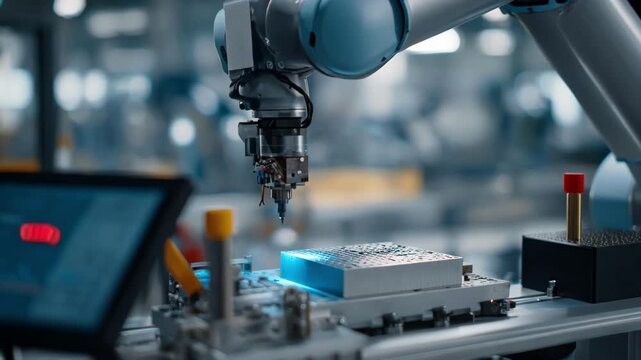 Medium shot of a robotic arm carefully calibrating movement controls to optimize accuracy during intricate industrial build processes.